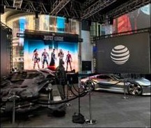 Justice League Batmobile and character standees at AT&T Times Square